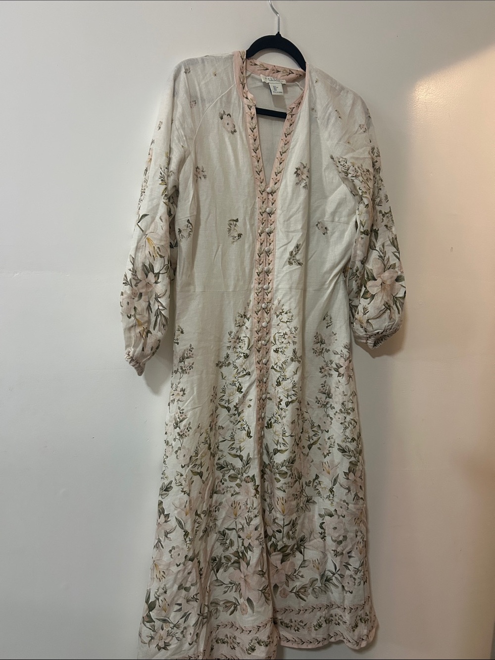 Calypso St. Barth Cream Maxi Dress with Pink & Green Floral Embroidery